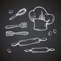 Hand drawn kitchen set. Vector illustration isolated on chalkboard background.